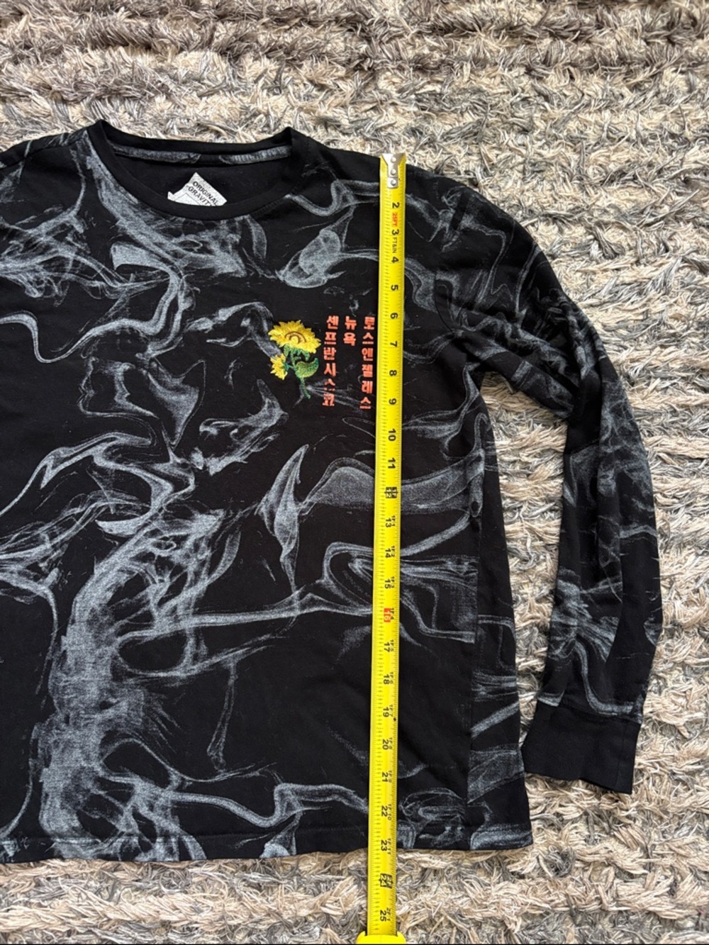 Black Cotton Long-Sleeve Embroidery & Graphic Crewneck Shirt with Smoke Motif M - Picture 6 of 6